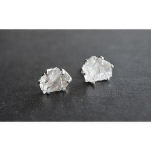 Sterling silver stud earrings, alternative diamond, uncut natural gemsto…